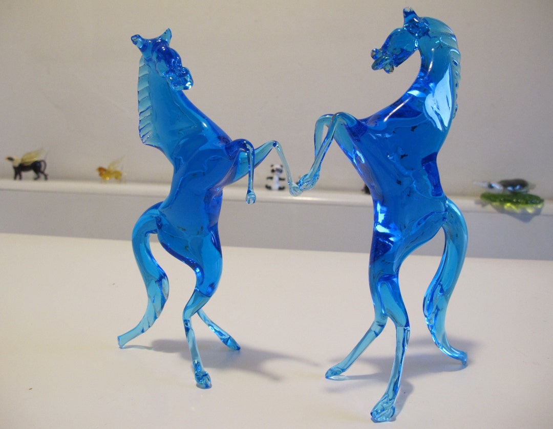 Murano Original Glass Horses Set Crystal Sky Blue Rampant Raring Horses Set 100 Handmade in