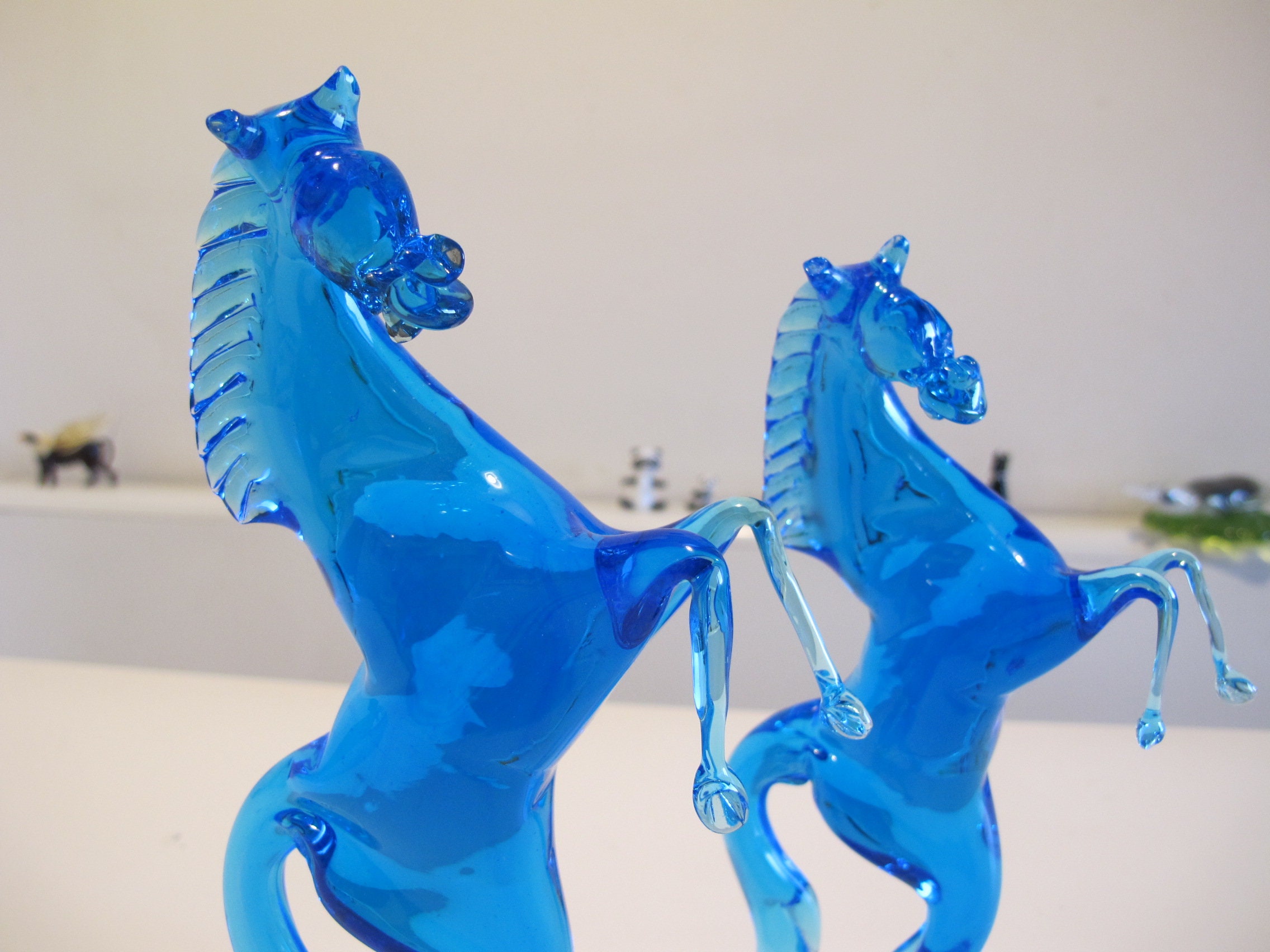 Murano Original Glass Horses Set Crystal Sky Blue Rampant Raring Horses Set 100 Handmade in