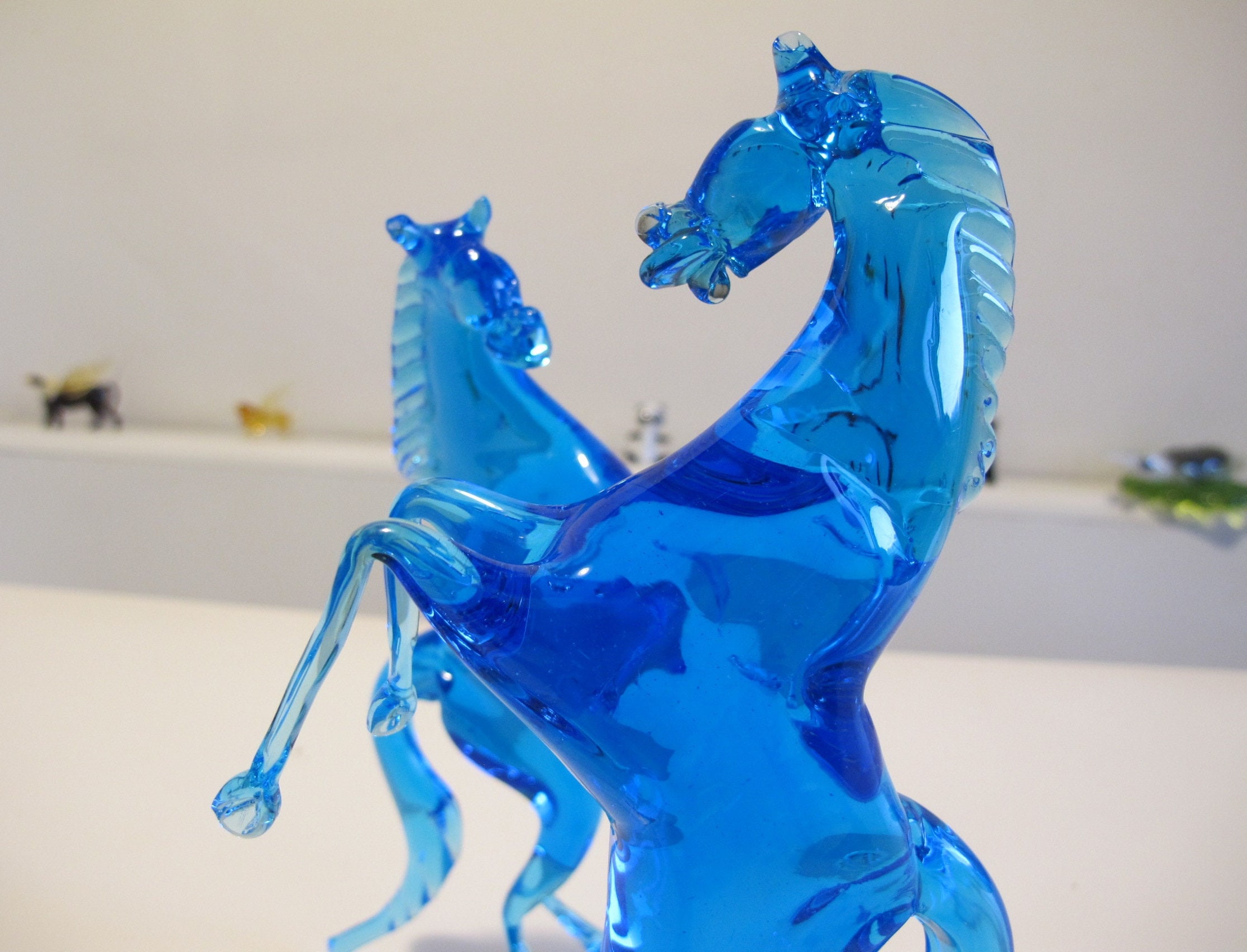 Murano Original Glass Horses Set Crystal Sky Blue Rampant Raring Horses Set 100 Handmade in
