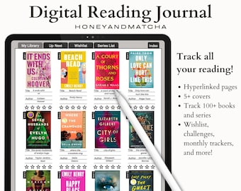 May include: A digital reading journal app interface with a white stylus on top of the screen. The screen displays a grid of book covers with titles and authors. The app features a library, wishlist, series list, and index. The text "Track all your reading!" is displayed on the right side of the screen. The text includes bullet points with features such as hyperlinked pages, 5+ covers, track 100+ books and series, wishlist, challenges, monthly trackers, and more.