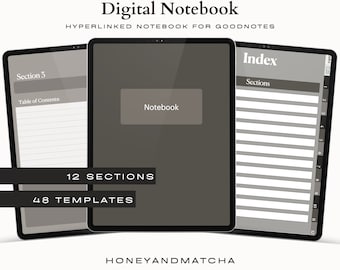 Digitaal notitieboekje met 12 hyperlinked tabbladen voor Goodnotes Notability-sjabloon voor digitale notities voor het maken van aantekeningen, 48 sjablonen voor het maken van notities voor iPad