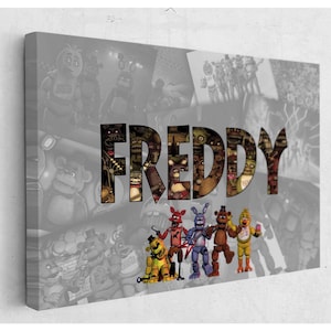 May include: Canvas art featuring the word "FREDDY" in a bold, textured font. The background is a collage of grayscale images of characters. Below the text are colorful character figures.