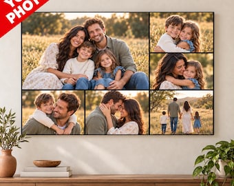 May include: A rectangular wall art collage featuring six distinct photographs of a family in an outdoor setting. The images display a group portrait, close-ups of family members, and a wide shot of the family walking through a grassy field.