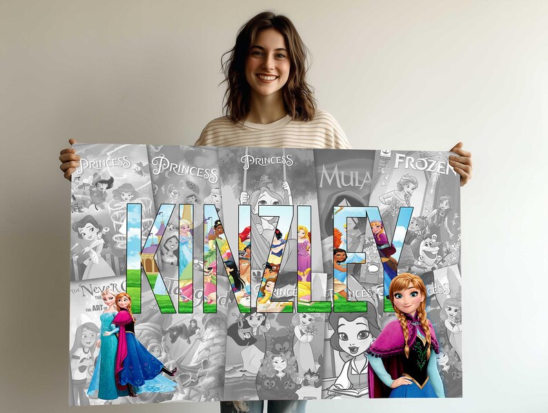 A smiling woman holding a poster with the name 'KIMLEY' prominently displayed in the center. The poster is a collage of various characters and scenes from popular Disney princesses and movies.