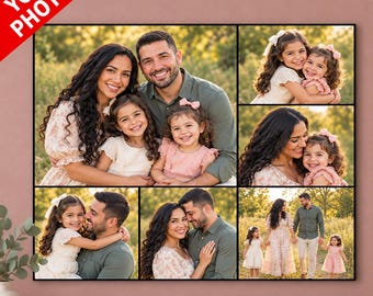 May include: A rectangular photo collage print featuring six distinct images of a family. The images display a man, a woman, and two young children in various outdoor poses, with the text YOUR PHOTOS displayed in the top left corner.