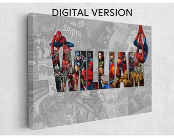 DIGITALE VERSION- Benutzerdefinierte Superhelden-Charaktere personalisierter Name, Spinnen-kundenspezifisches Poster, personalisierte Leinwandkunst, bestes Geschenk für Kinder