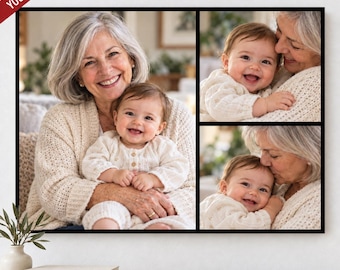 May include: A rectangular black-framed wall collage featuring three photographs of an older person with gray hair and a baby in a white textured sweater. The left panel shows them smiling together, while the right panels show close-up interactions.