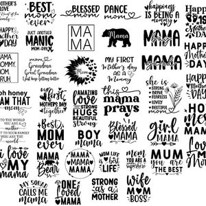 Peut inclure: Une image de conception graphique en noir et blanc avec diverses phrases textuelles li&eacute;es aux m&egrave;res et &agrave; la maternit&eacute;. Les phrases incluent "Best Mom Ever", "Blessed Mom", "Dance Mom", "Mama", "Happy Mother's Day", "Hot Mess Mama", "Love My Mom", "Strong as a Mother", et "Wife Mom Boss".