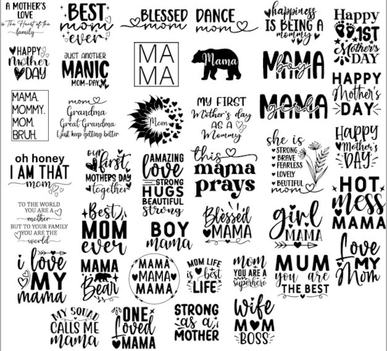 Peut inclure: Une image de conception graphique en noir et blanc avec diverses phrases textuelles li&eacute;es aux m&egrave;res et &agrave; la maternit&eacute;. Les phrases incluent "Best Mom Ever", "Blessed Mom", "Dance Mom", "Mama", "Happy Mother's Day", "Hot Mess Mama", "Love My Mom", "Strong as a Mother", et "Wife Mom Boss".