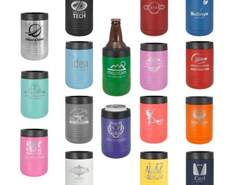 May include: Assortment of 16 stainless steel can coolers with various designs and logos. The coolers are in different colors, including blue, green, red, pink, orange, yellow, white, and gray. The logos include text and images, such as "Weather Tech", "Idea", "Mountain", "Ocean Side", "Dance", "Rising Eagle", "Jessica's", "Hold Your Cold", and "Carl".
