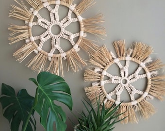 Raffia Wall Hanging, Set Of 2 Raffia Wall Decoration | Bohem Home Decoration | Raffia Wreath | Raffia Wall Hanging | Bohemian Decor
