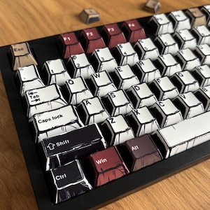 May include: A black mechanical keyboard with custom keycaps. The keycaps have a comic book style design with white keys and black outlines. Some keys are burgundy. The keyboard is on a wooden surface.