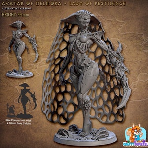 May include: A grey, detailed miniature figurine of a female figure with a web-like cloak. The figure is standing on a base with a mushroom-like design. The figurine is 99 mm tall. The text "AVATAR OF MELIORA LADY OF PESTILENCE" is at the top of the image.
