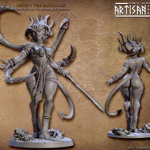 May include: A gray, detailed miniature figurine of a female demon with four arms and a tail. The demon is standing on a circular base with skulls and other details. The miniature is part of a set called "The Demon King's Spawn" and is called "Lilith the Matriarch".