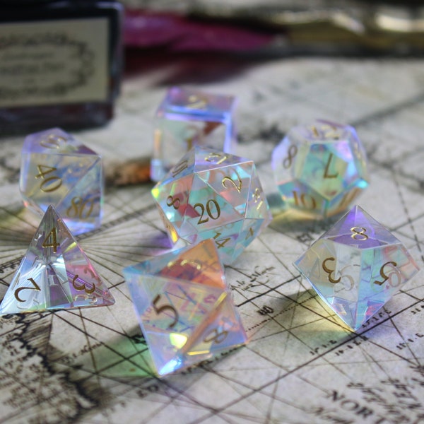 Glass Sharp Edge Dice, DnD Dice Set, Polyhedral Dice Set, Dungeons and Dragons Dichroic Prism Crystal Dice