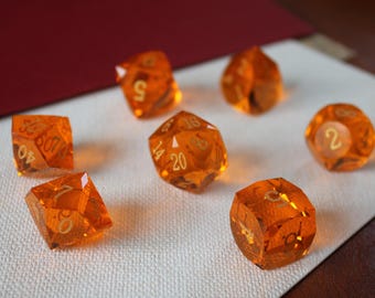 Sunburst Dice Set - Amber Glass Sharp Edge RPG Dice with Diamond Cut