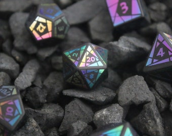 Engraved Gemstone Obsidian Stained Glass DnD Dice Set for DnD and RPG games