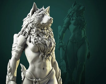May include: A white, detailed sculpture of a female wolf-like creature with a long, bushy tail. She is holding a staff in her right hand and has a fierce expression on her face.