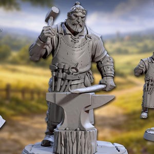 May include: A grey miniature figure of Torben the Blacksmith, with a hammer poised over an anvil. The image also shows a bust of the blacksmith, a smaller figure, and blacksmithing tools. The text reads "Villagers & Townsfolk Vol. I".