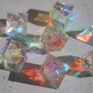 Handmade Dichroic Prism Glass Dice Set: Sharp Edge DnD Dice