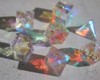 Handmade Dichroic Prism Glass Dice Set: Sharp Edge DnD Dice