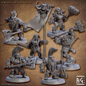 Könnte beinhalten: Ein Set aus sechs grauen Plastik-Miniaturfiguren von Zwergen, die jeweils eine Waffe halten und auf einem runden Sockel stehen. Die Zwerge tragen Rüstungen und haben Bärte. Das Set enthält ein Banner mit einem Schädel und Hörnern.