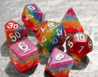 Juego completo de dados DND Rainbow Glitter LGBTQ+ Pride Polyhedral - para Dungeons and Dragons, RPG o MTG Game