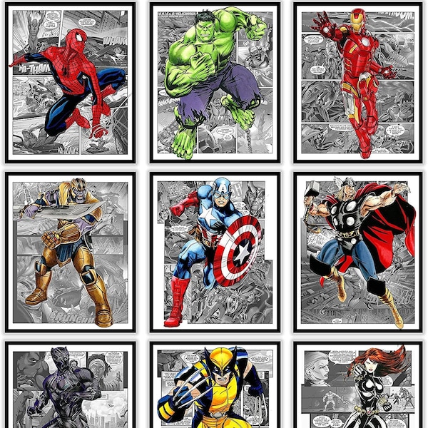 Set 9 superhero JPG download print, digital superhero poster, printable superhero art for nursery room wall decor marvel hero avengers print