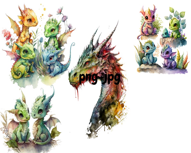 Set of 7 Watercolor Dragon Paintings, Birthday Gift, Nursery Gift, Wall