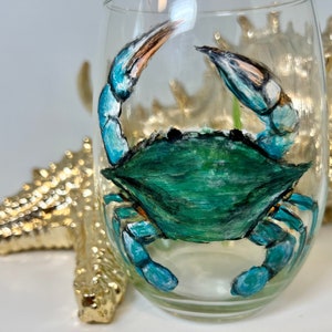 Crab - painted stemless wine glass or short glass