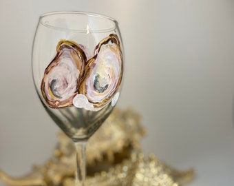 Oyster and Pearl - coastal feel - One 20oz  Hand Painted Wine Glass