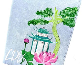 Hand-Painted Mahjong Card Folio Light Blue Personalized  | Pagoda & Lotus Design