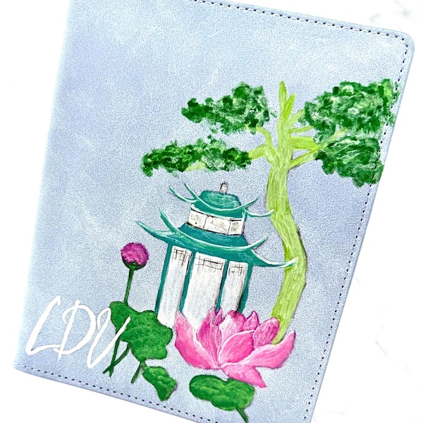 Hand-Painted Mahjong Card Folio Light Blue Personalized  | Pagoda & Lotus Design