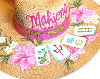 Hand Painted Wide Brim Straw Hat, Mahjong Floral Design, Summer Vacation Accessory
