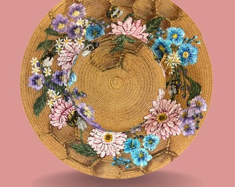 Hand-Painted Straw Sun Hat: Bees, Flowers, Honeycomb Design