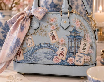 Hand Painted Mahjong Purse | Chinoiserie Blue Floral Handbag | Asian Inspired Crossbody Satchel | Coquette Bow Purse | Boutique Statement Ba