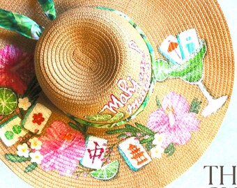Hand Painted Straw Hat, Mahjong Floral Citrus Design, Wide Brim Summer Vacation Accessory