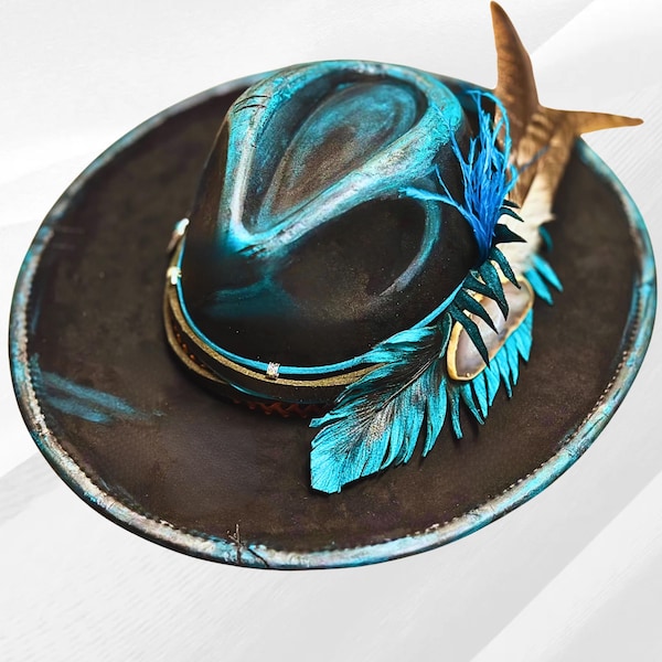 Hand Burned Vegan Suede Wide Brim Fedora: Black Turquoise Rancher Hat with Leather Feather