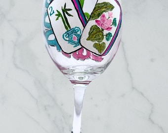 Hand-Painted Mahjong Wine Glass | Bamboo and Flower Tile Design