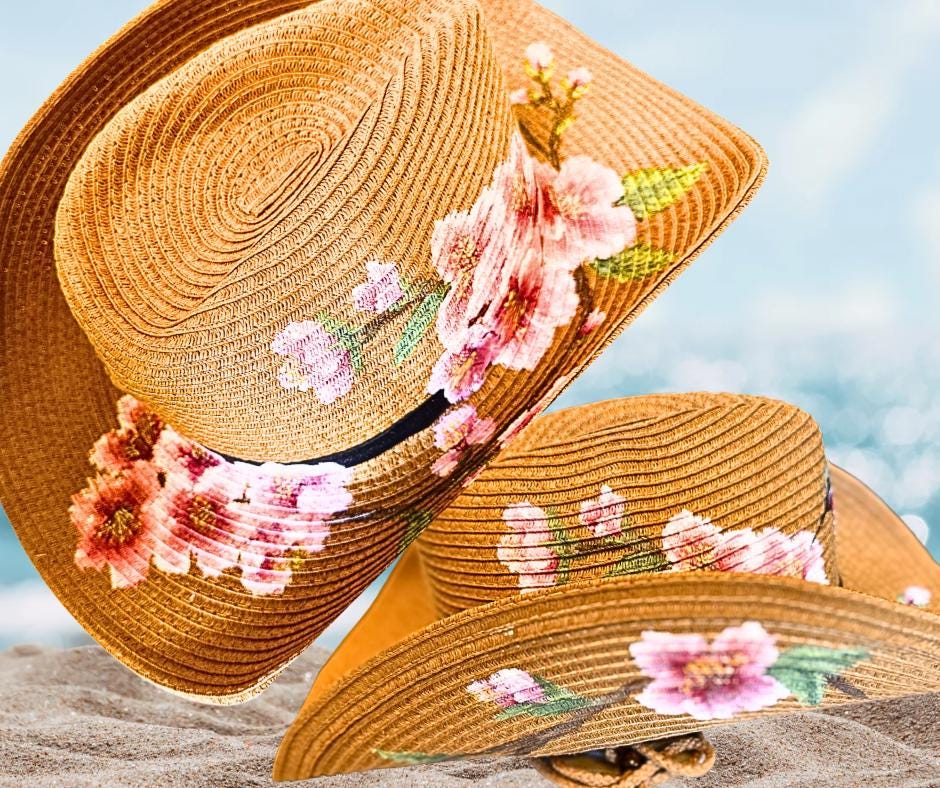 Hand-painted Straw Cowboy Hat: Cherry Blossom Hummingbird 