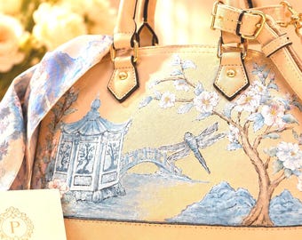 Hand Painted Chinoiserie Purse, Asian Garden Handbag, Cherry Blossom Bag, Blue Pagoda Purse, Wearable Art Purse, Boutique Crossbody Bag
