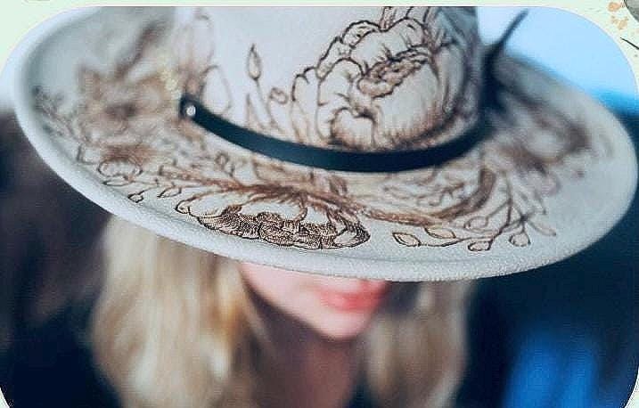 Hand Burned Wide Brim Fedora Rancher Hat Cream Flowers  display picture 1