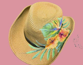 Hand-Painted Hibiscus Bird of Paradise: Tropical Cowboy Style Straw Summer Travel Hat
