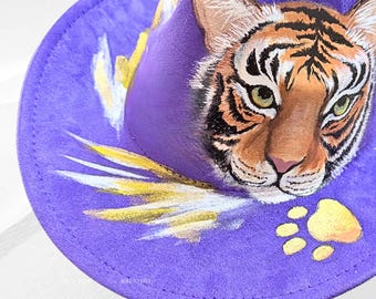 Hand Painted Tiger Western Hat – Purple Vegan Suede, Gold Accents (Wearable Art)