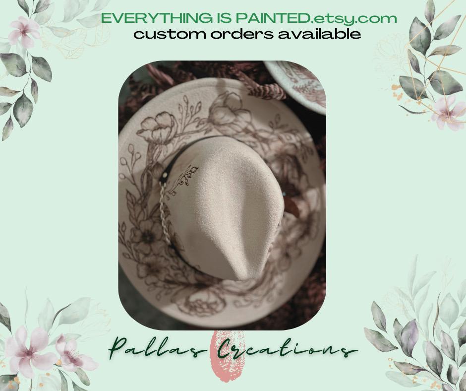 Hand Burned Wide Brim Fedora Rancher Hat Cream Flowers  display picture 1