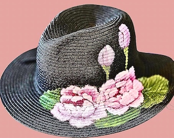 Hand painted black straw hat with pink flowers. Festival spring summer beach sun protection.