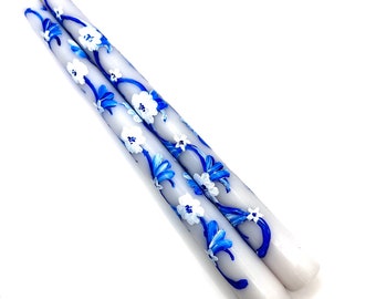 Hand Painted Chinoiserie Taper Candles – Blue Floral Mahjong Table Decor