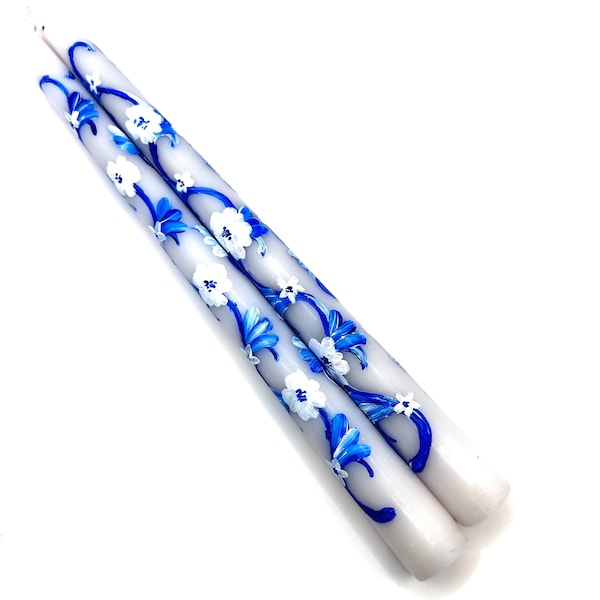 Flower blue and white hand painted 10" taper candles.  Farmhouse, coastal, or China blue these are perfect or any occasion.