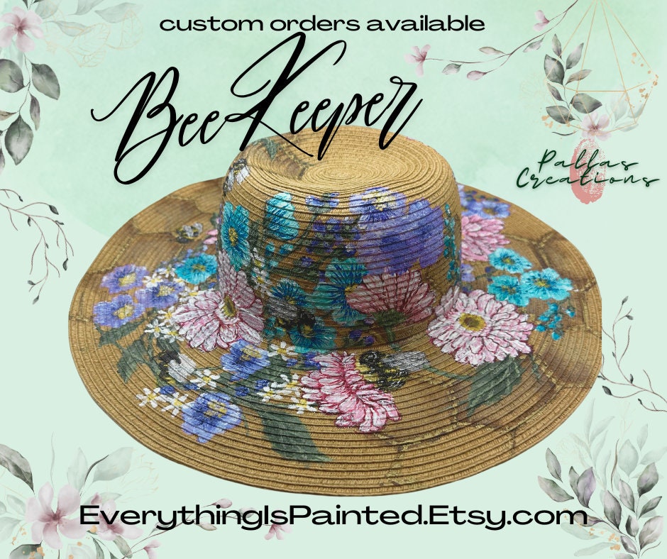 Handpainted Straw hat “Bee” Painting bees and honeycomb on a straw fedora main image 4