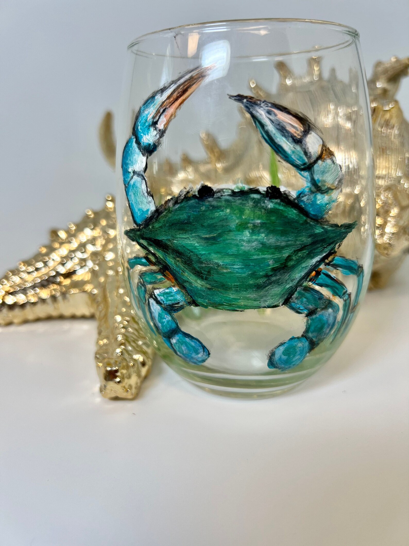 Coastal Crab Hand Painted Stemless Wine Glass or Short Glass Etsy